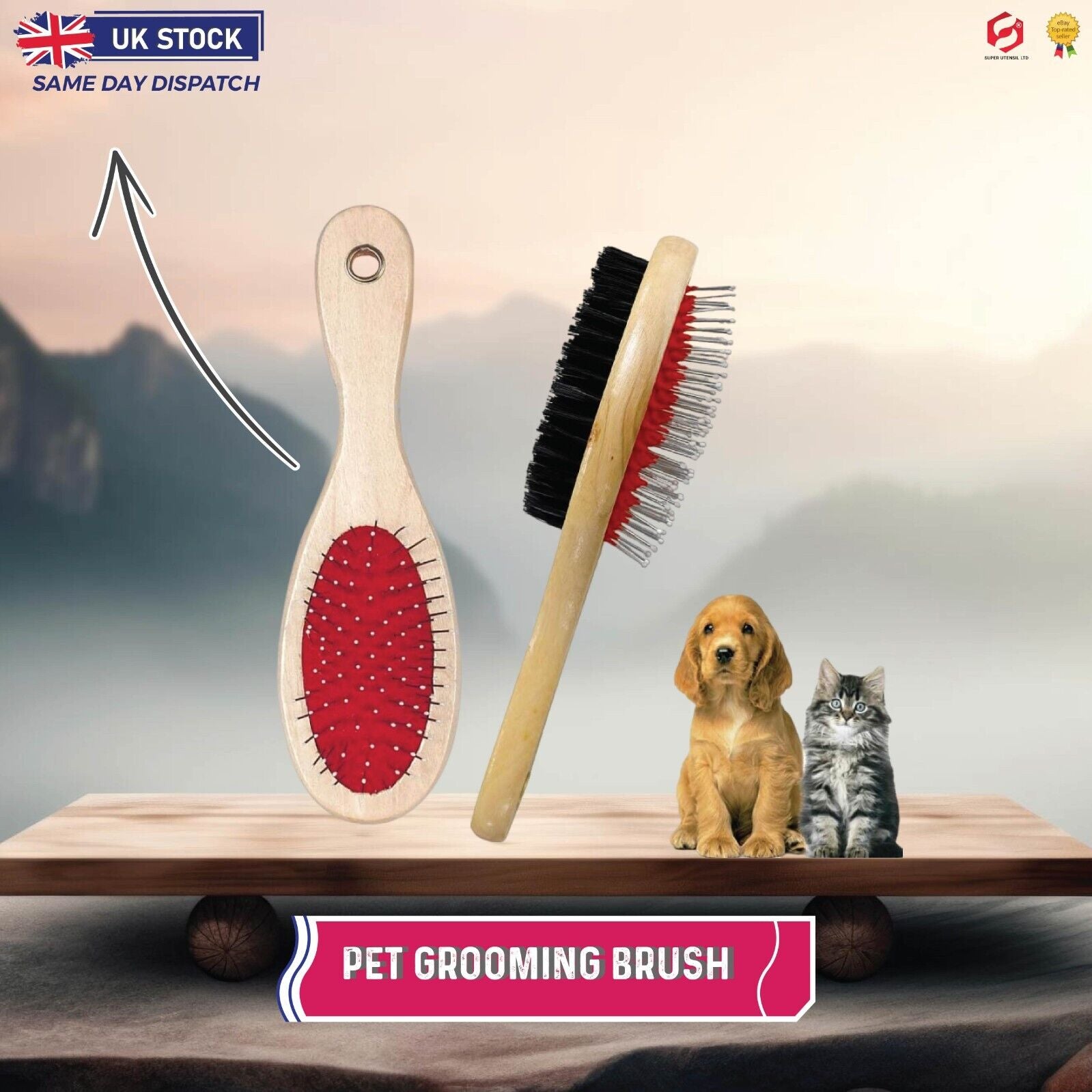 Double Sided Dog Cat Grooming Brush for Pet Hair Wooden Image 1