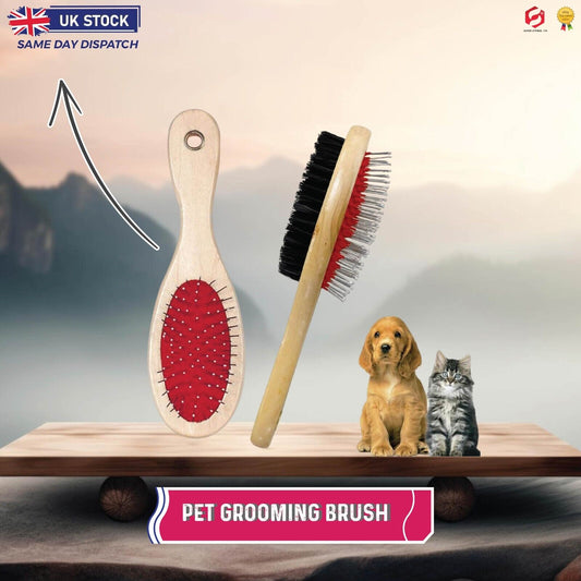 Double Sided Dog Cat Grooming Brush for Pet Hair Wooden Image 1