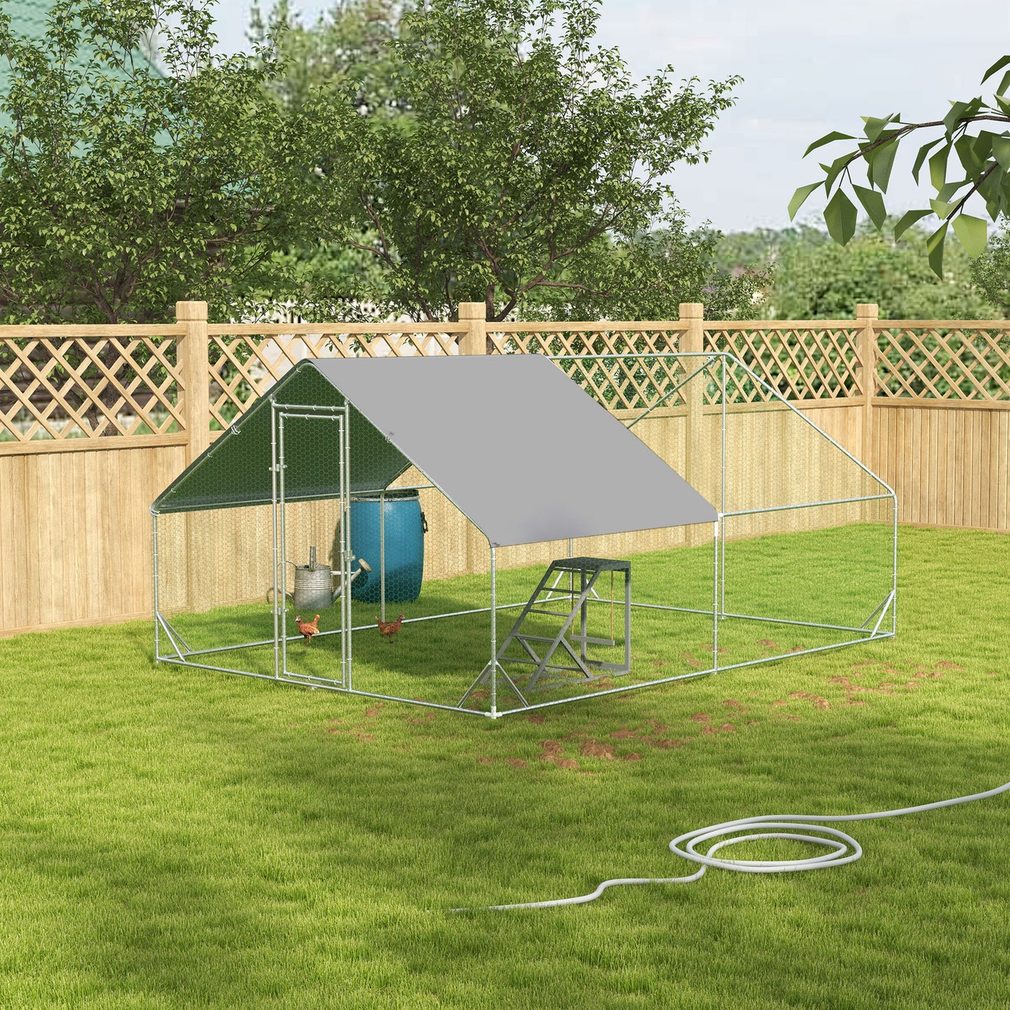 Large outdoor chicken coop with UV-resistant canopy