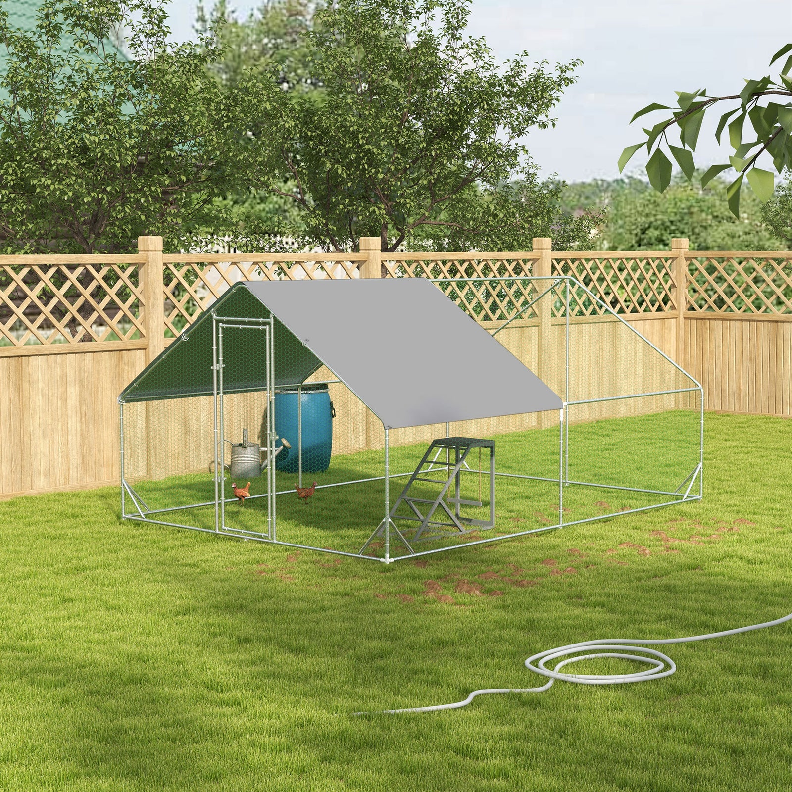 Large outdoor chicken coop with UV-resistant canopy