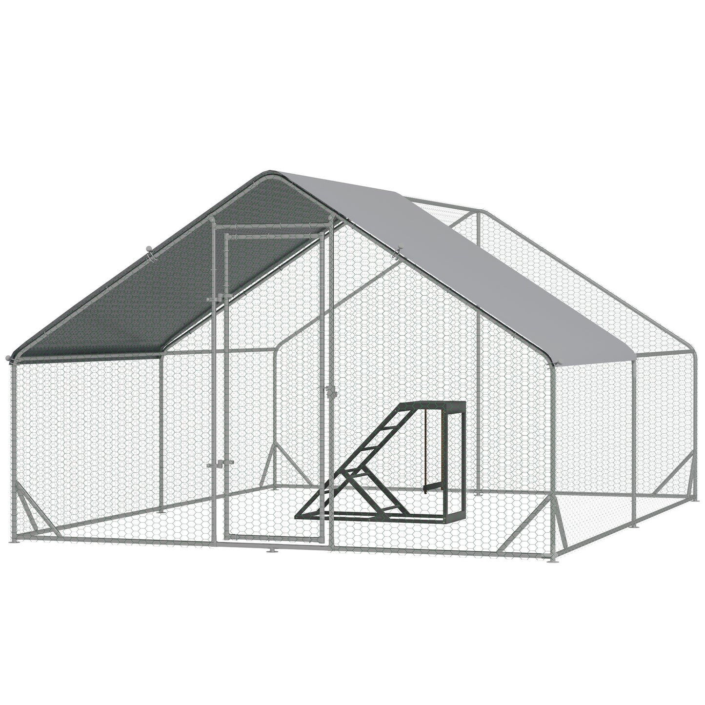 Chicken run with activity shelf and weather-resistant canopy