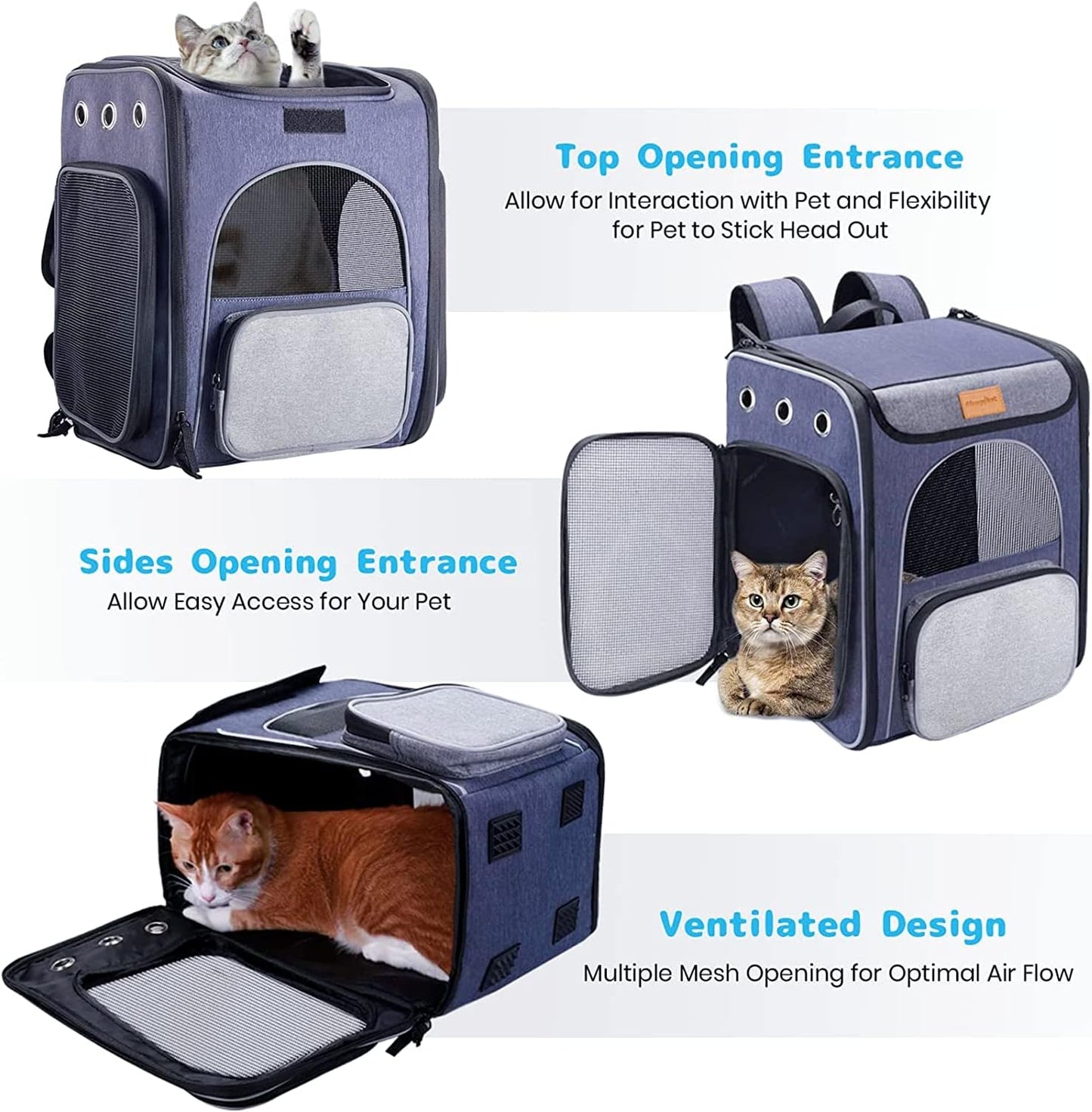 Cat Carrier Foldable Backpack for Cats and Small Dogs, Breathable with Inner Safety Leash + Folding Dog Bowl Image 2