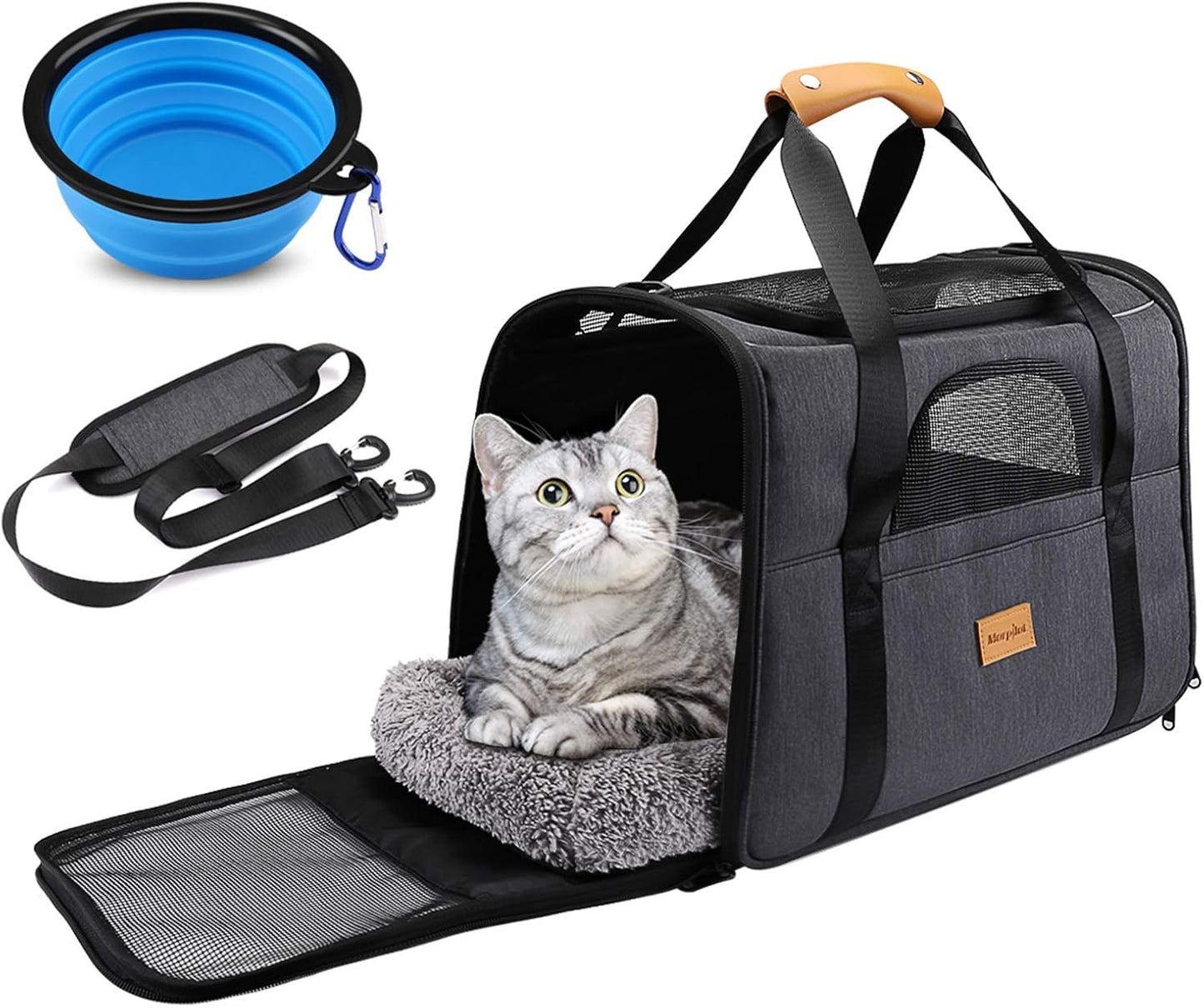 Portable Pet Carrier Bag for Cats and Small Dogs, Foldable Soft Sided, Airline Approved with Shoulder Strap, Removable Mat and Pet Bowl Image 1