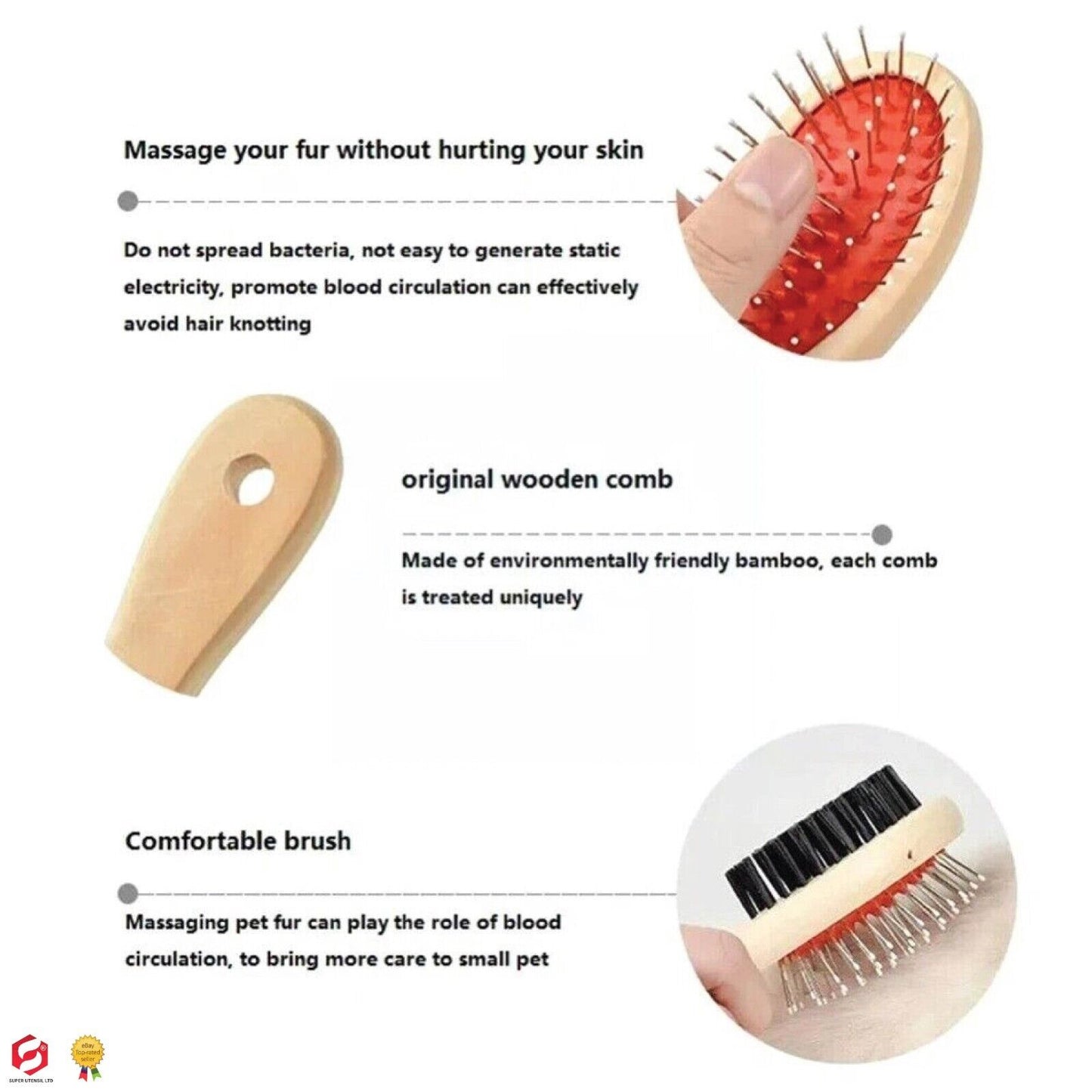 Double Sided Dog Cat Grooming Brush for Pet Hair Wooden Image 2